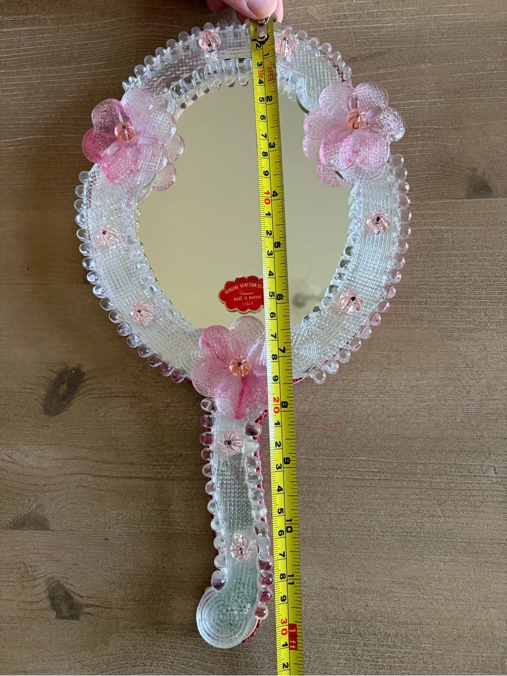 1950s Vintage Italian Venetian Hand-Blown Pink Floral Murano Glass Hand Mirror